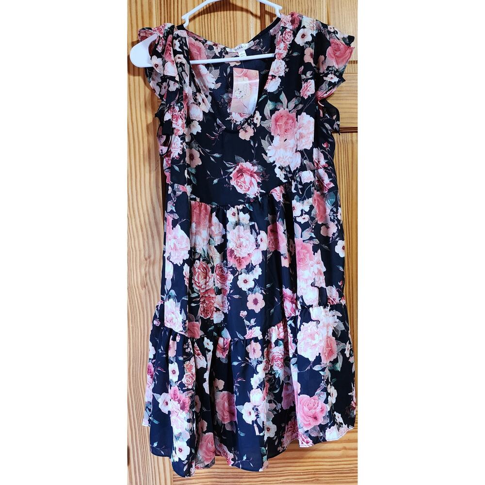 Emerald Floral Tiered Dress Black Pink V-Neck‎ Flutter Sleeve Women’s Medium NWT